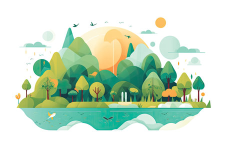 Nature landscape with trees and lake in flat style. Vector illustration.の素材