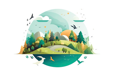 Vector illustration of nature landscape with birds, trees, lake and mountains.の素材