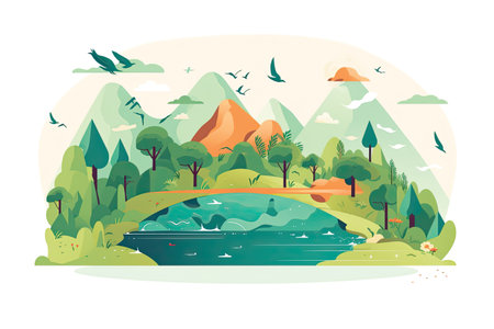 Landscape with lake, forest and mountains. Flat vector illustration.の素材