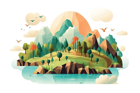 Landscape with mountains, lake and forest. Vector illustration in flat styleの素材
