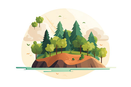 Landscape with forest and lake. Vector illustration in flat style.の素材