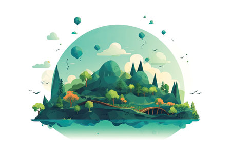 Vector illustration of cartoon landscape with river, mountains, bridge and cloudsの素材