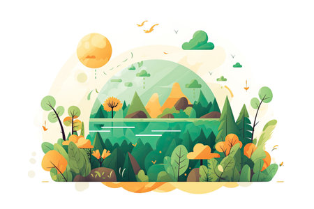 Summer landscape with lake, forest and mountains. Flat vector illustration.の素材