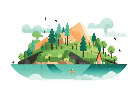 Landscape with mountains, trees and lake. Flat style vector illustration.の素材