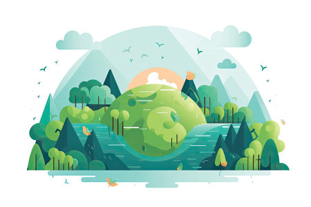 Landscape with trees, lake and mountains in flat style. Vector illustration.の素材