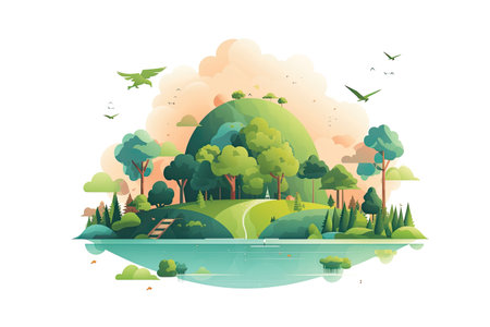 Vector illustration of a green landscape with lake, trees and birds.の素材