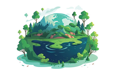 Landscape with river and forest. Cartoon style. Vector illustration.の素材