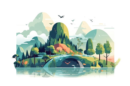 Landscape with river, mountains, trees and birds. Vector illustrationの素材
