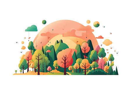 Autumn landscape with trees and bushes. Vector illustration in flat styleの素材