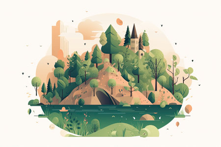 Flat style vector illustration of a mountain landscape with trees and a church.の素材
