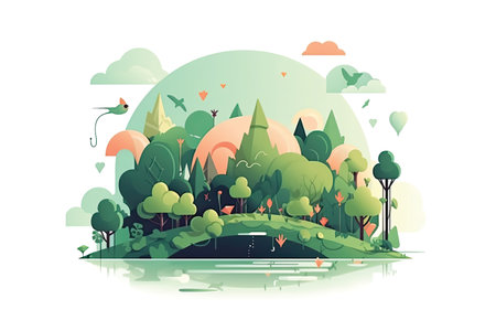 Nature landscape with green trees, lake and birds. Vector illustration.の素材