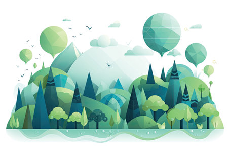 Vector illustration of a landscape with trees, mountains, clouds and birdsの素材