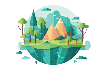Landscape with mountains and trees in flat style. Vector illustration.の素材