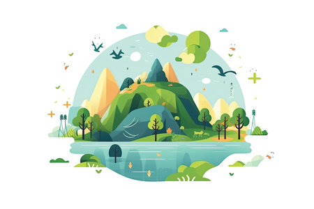 Landscape with lake, mountains and trees in flat style. Vector illustration.の素材