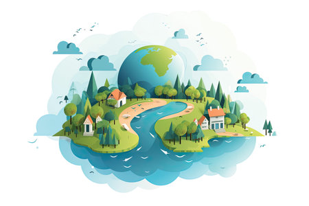 Ecology concept. Landscape with green trees, river and houses. Vector illustrationの素材