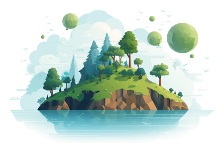 Vector illustration of a green island with trees and bushes in the water.の素材
