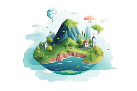 Mountain landscape with lake and lighthouse. Flat style vector illustration.の素材