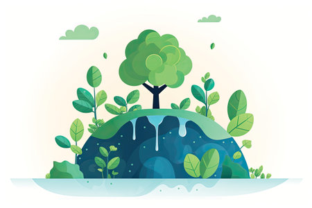 Vector illustration of green nature landscape with trees, bushes and grass.の素材