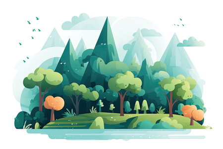 Vector illustration of green forest with trees, bushes and grass in flat style.の素材