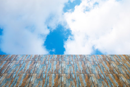 Blue sky white cloud with seamless Modern tiles texture foreground.の写真素材