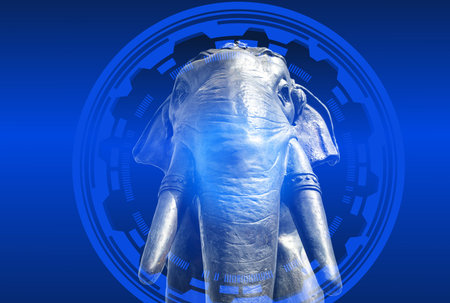 Double exposure Copper elephant statues standing  .Elephant stucco.  Black Elephant stucco on white background.の写真素材