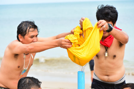 Chon Buri Thailand August 01 2019 Blur Japanese company takes employees to activity on the beach...