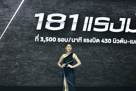 Bangkok Thailand August 24 2019 blur Unidentified Pretty is presenting a car for sale at the Bangkok Motor Showのeditorial素材