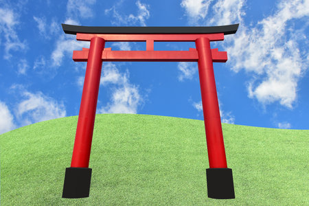 Blue sky and white clouds for background. green lawn foreground, wooden floor foregroundの写真素材