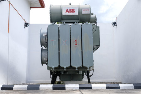 Kota Kinabalu, Sabah, Malaysia, April 02, 2021: High-Voltage Substation Power Transformerのeditorial素材