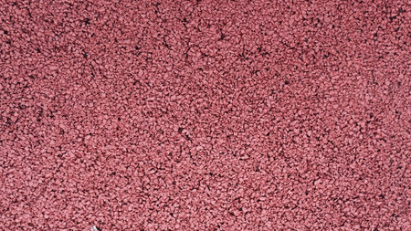 An overhead, close-up view of the fine, granular texture of a red synthetic running track surface,...