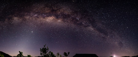 A panoramic, ultra-wide view of the Milky Way band stretching across a dark, star-filled night sky.