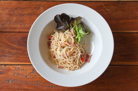 Spaghetti with chilli baconの写真素材