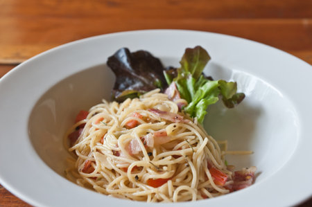 Spaghetti with chilli baconの写真素材