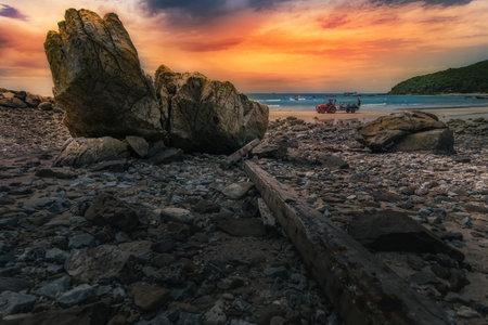 Large rocks at the coast,Sunsets at the shore.の写真素材