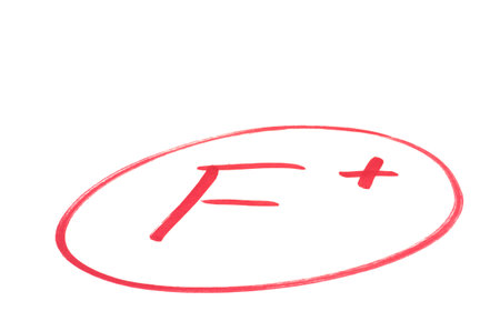 A handwritten grade for failed achievements in red ink  Isolated on white の写真素材