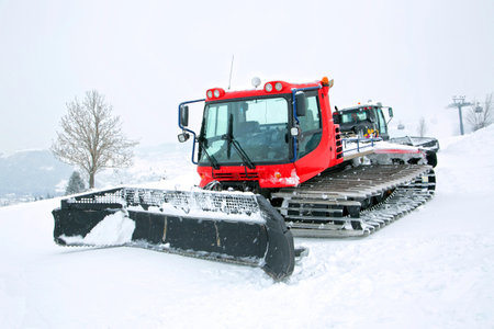 Red ratrak in winter sceneryの写真素材