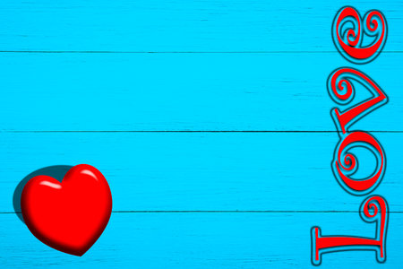 Red heart and inscription on blue boards, on Valentine's Dayの写真素材