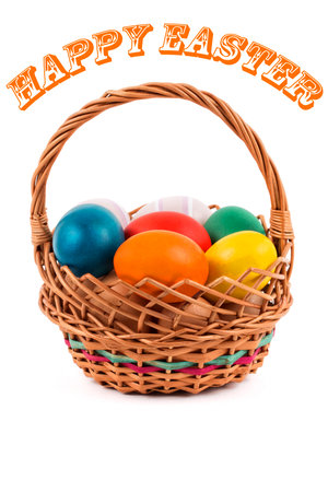 Happy easter - eggs in a basketの写真素材