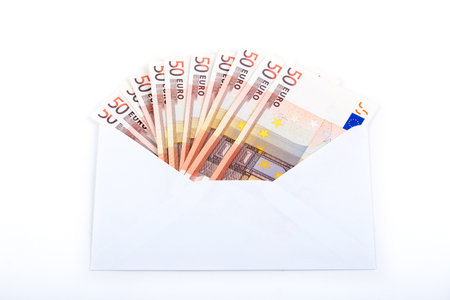 European money in a white envelopeの写真素材