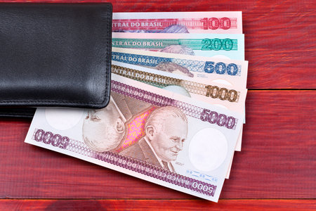 Old Brazilian money in the black walletの写真素材