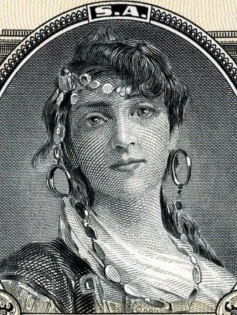 Gypsy woman portrait from old Mexican moneyの写真素材
