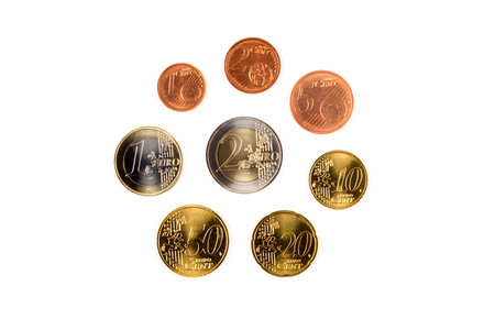 European coins on a white backgroundの写真素材