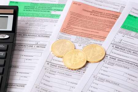 Golden Bitcoins with Polish tax dokumentsの写真素材