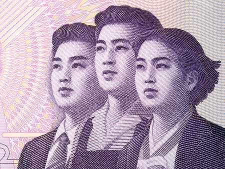Young Koreans, a portrait from North Korean moneyの写真素材