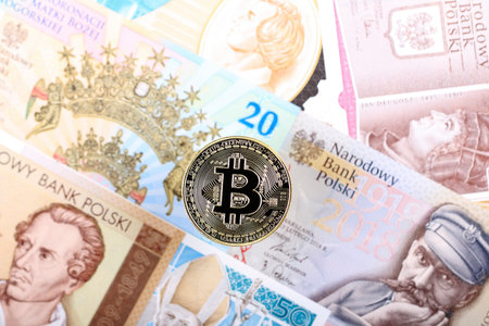Bitcoin coin on the background of Polish banknotesの写真素材