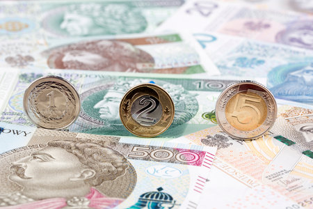 Polish Zloty coins on the background of Polish banknotesの写真素材
