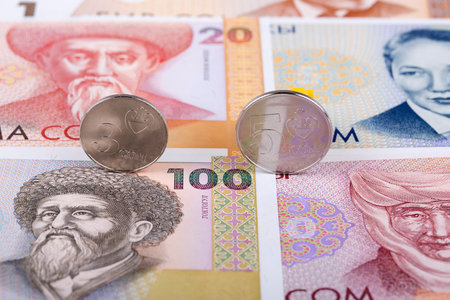 Kyrgyz Som coins on the background of old banknotes