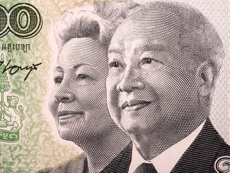 Norodom Sihanouk and Norodom Monineath a portrait from Cambodian moneyのeditorial素材