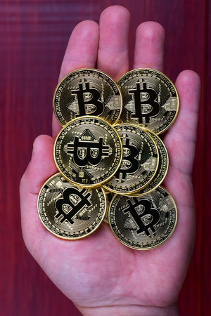 Golden Bitcoins on the handの写真素材