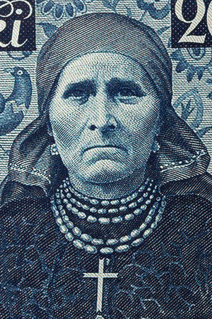 Woman from Silesia in national costume, a portrait from old Polish moneyのeditorial素材